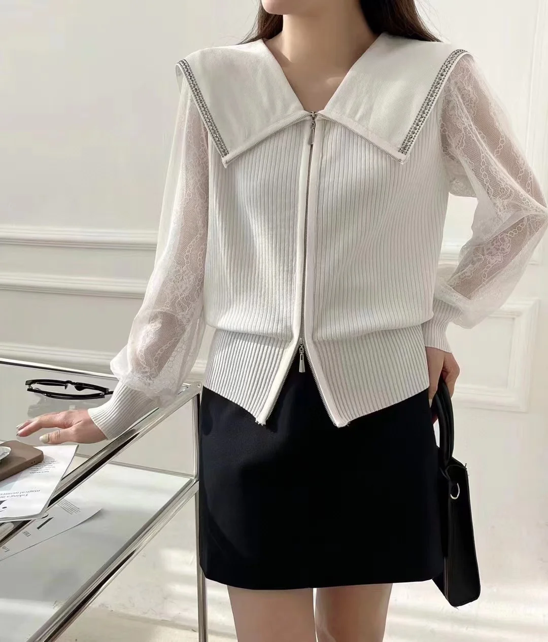 Women's Navy Collar Spring Knit Spliced Sweater