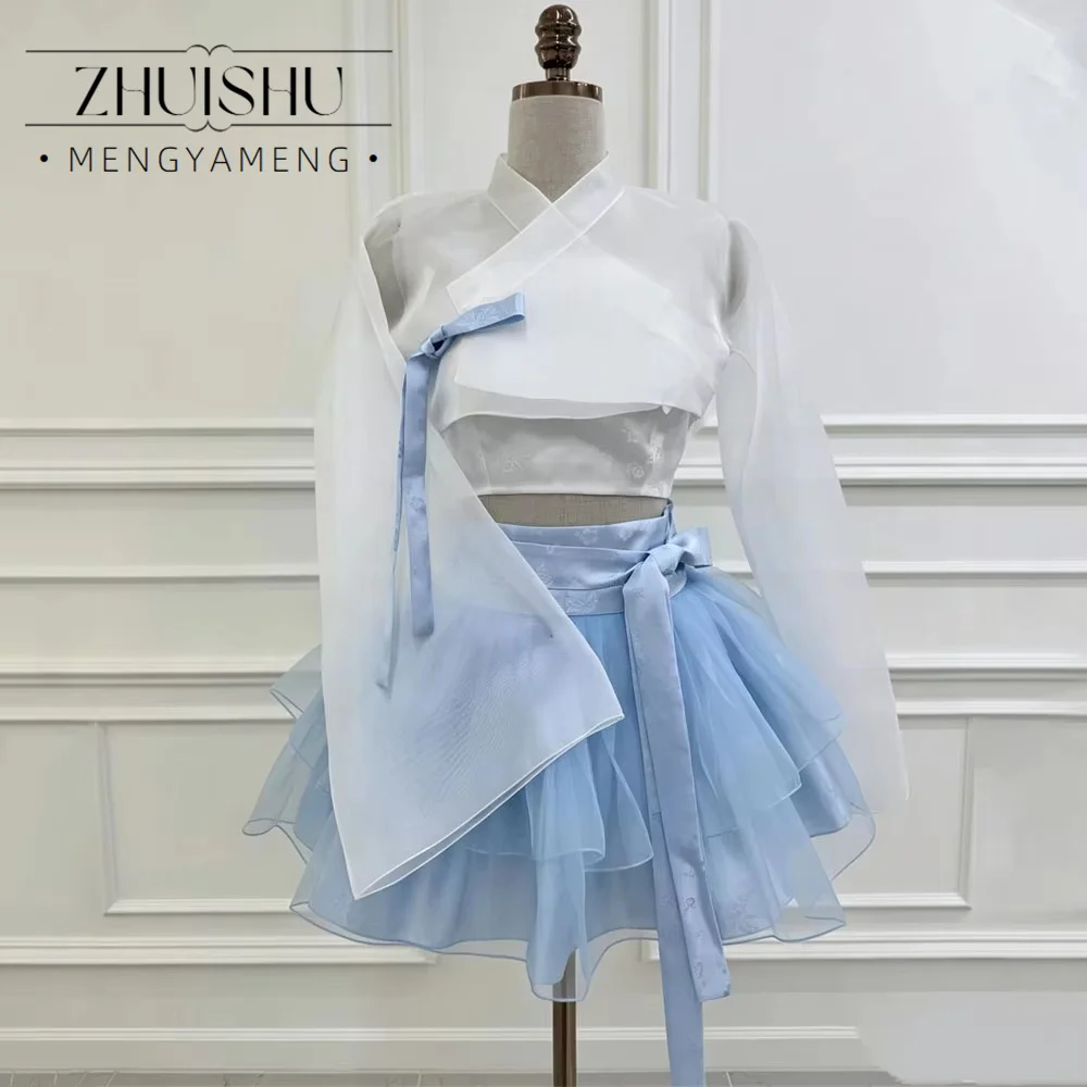 Modern Blue White 3Pcs Short Concert Hanbok Strapless Long Sleeves Korean Photo Shoot Organza Mini Prom Gown Customized