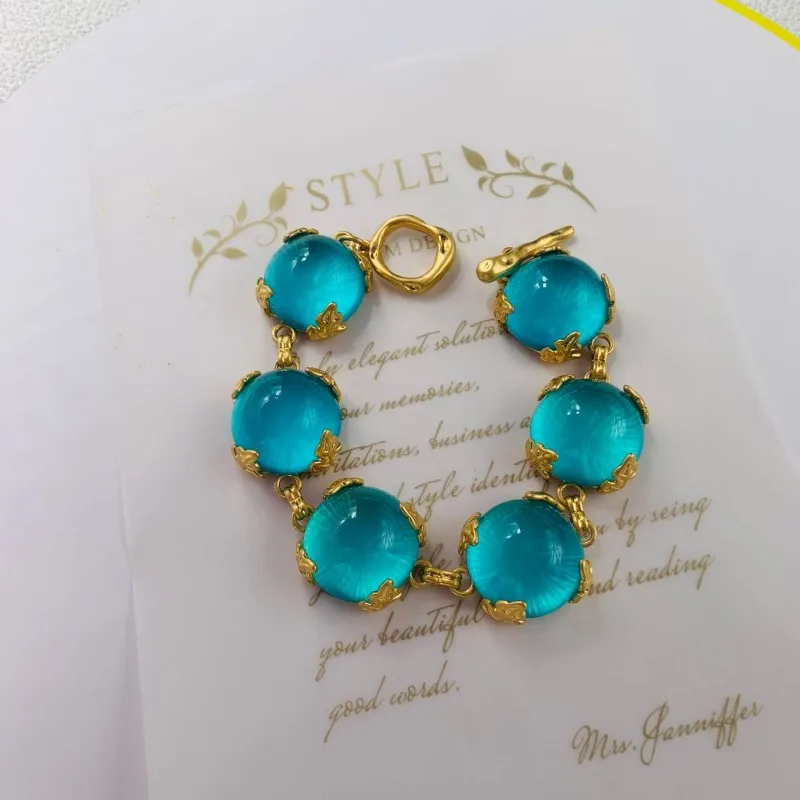 Middle Vintage Western Vintage Pure Copper Glass Inlay Set Heavy Industry Haze Blue Bracelet Earrings Necklace Ring for Women