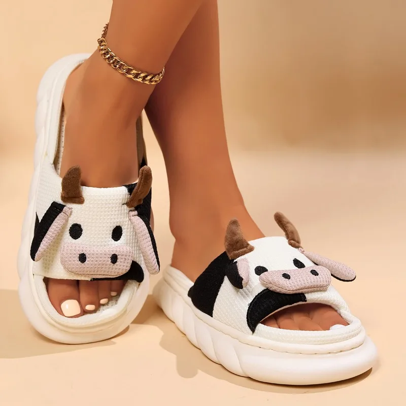 Four Seasons Universal Indoor Home Cotton Linen Sandals Cute Cartoon Cow Linen Slippers Non-slip