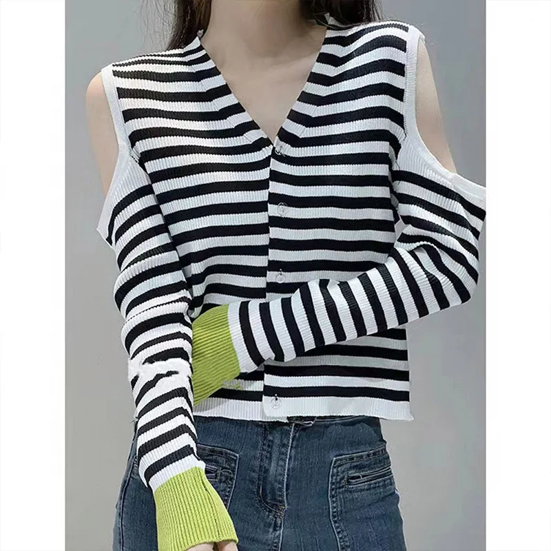 Spring Autumn French Style V-neck Off Shoulder Striped Tops Women Clothing Chic V-neck Clavicle Sweaters Casual Y2k Cardigan