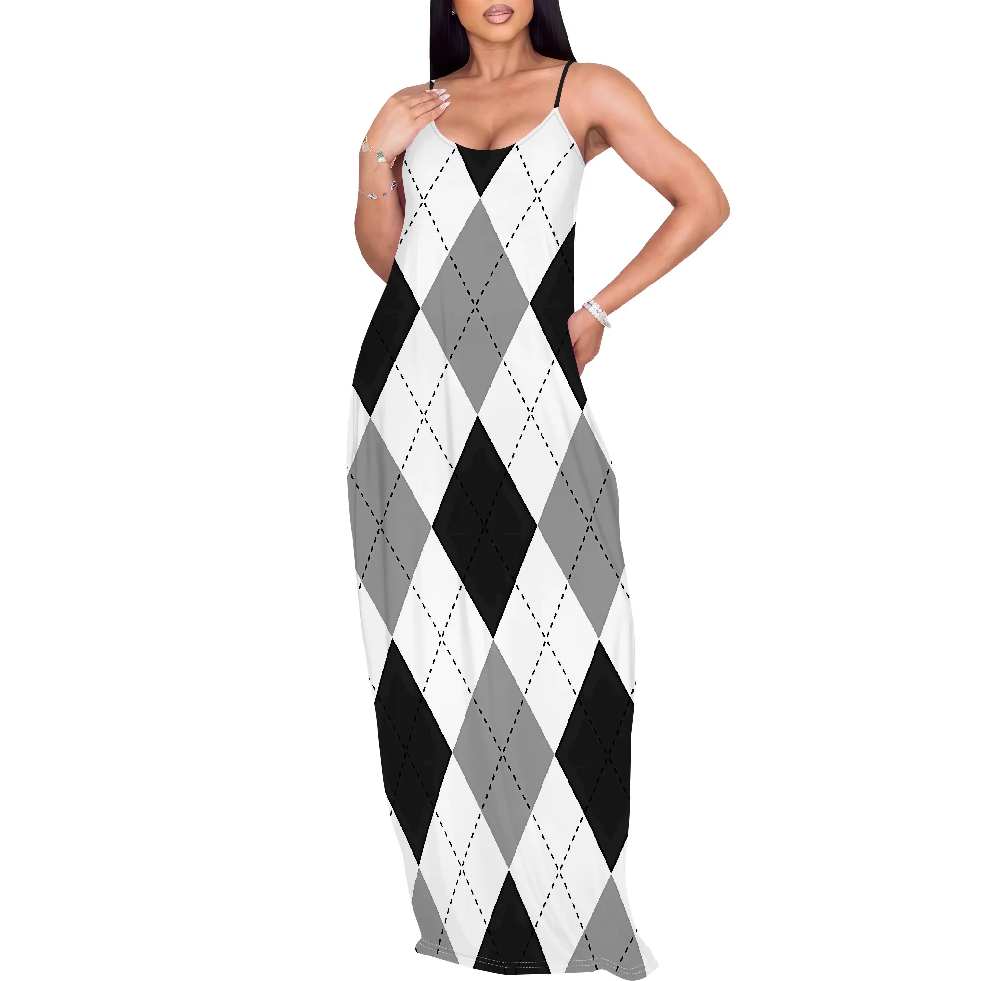 

Women Sleeveless Round Neck Maxi Dress with Pockets Spaghetti Strap Long Dress for Summer Beach Party Casual Wear