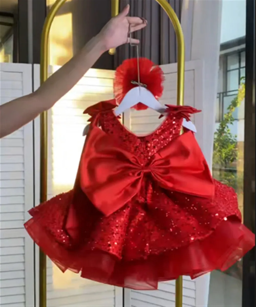 

Luxury Flower Girl Wedding Dress Sleeveless Sequined with Bow Princess Birthday Party Pageant First Communion Gown Customized