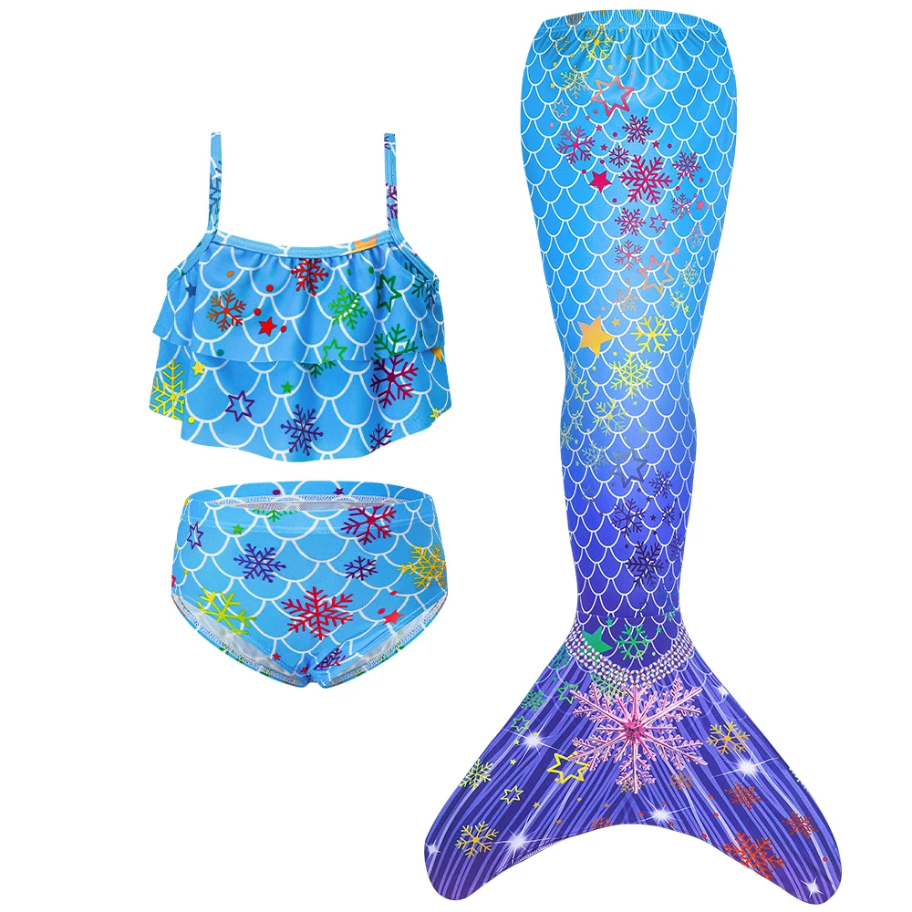 3Pcs Girls Swimsuit Snowflake Designs Mermaid Tails Costume for Swimming Princess Bikini Bathing Suit Set Can Add Monofin