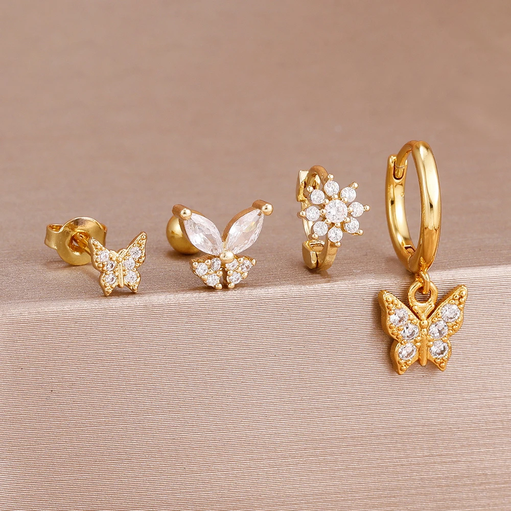 4-teiliges Set Vergoldete Kleine Zirkon-Schmetterling-Blumen Ohrstecker für Damen, Modische Knorpel-Piercing-Ohrringe, Hypoallergener Schmuck