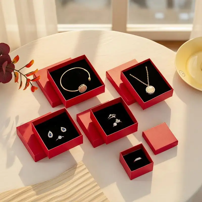 Red Jewelry Box With Cotton Pad Paper Jewelry Case Travel Portable Ring Earrings Necklace Gifts Packageing Storage Boxes