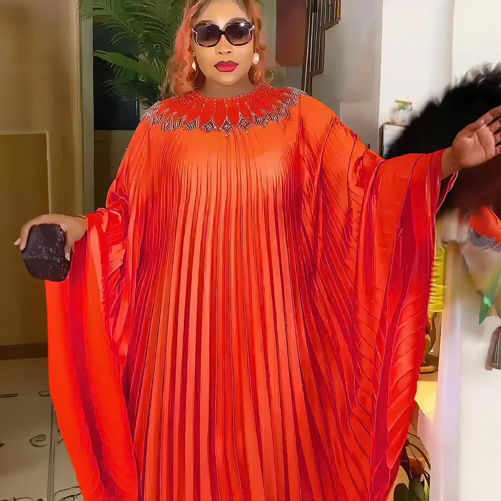 Plus Size Summer Party Dress Fashion African Women Pleated Long Maxi Sundress Bohemian Round Neck Long Bat Sleeve Vestidos Robe