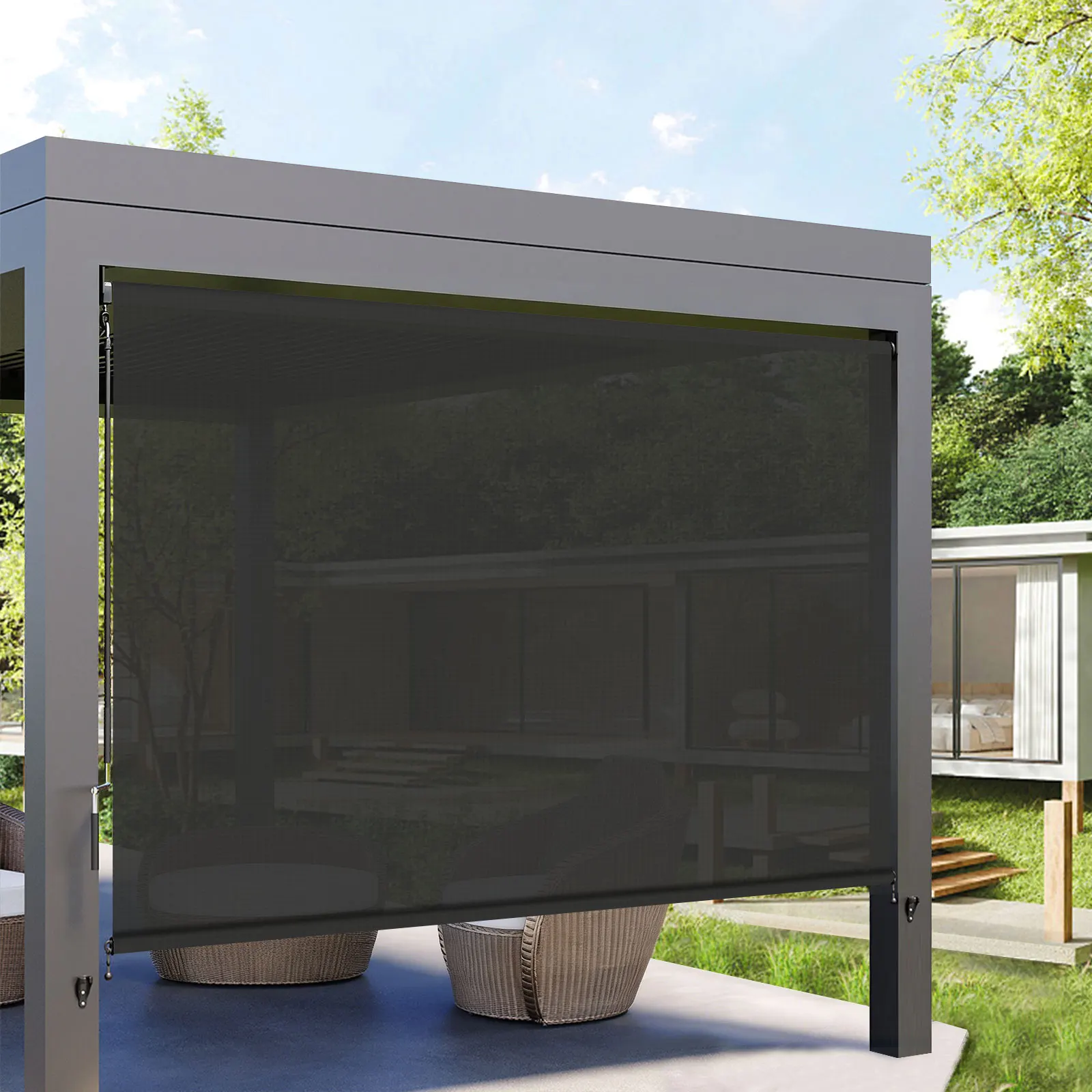 Outdoor Roller Blind with Handle Manual Shades Blackout Filter Cordless for Patio Blacony Pergola Easy to Install Size