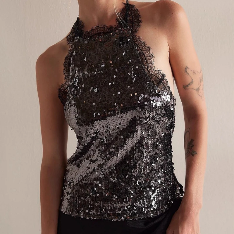

26 Spring New Women's Clothing Sequined Lace Suspender Top Splicing Backless Neck Vest