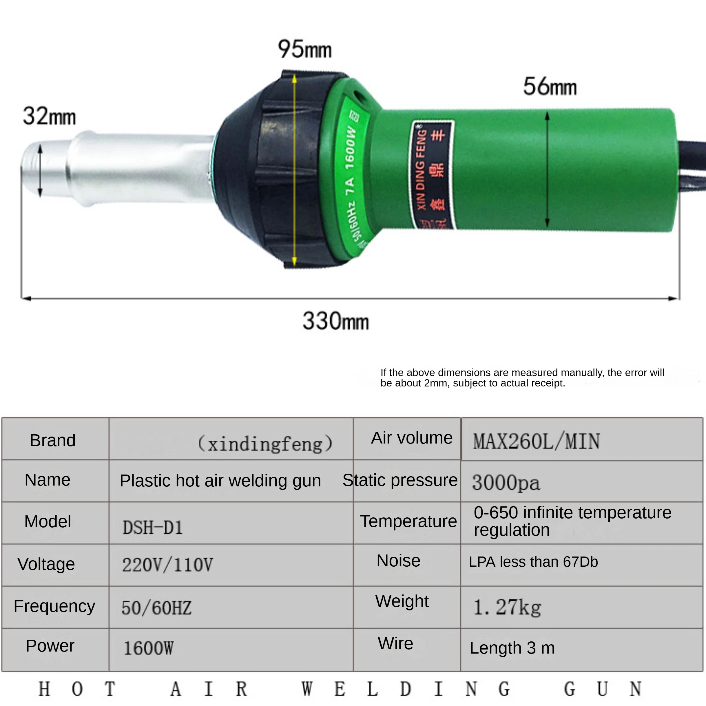 

DSH-D1 high power 1600W plastic welding torch for Tarpaulin membrane material Hot air plastic welding machine