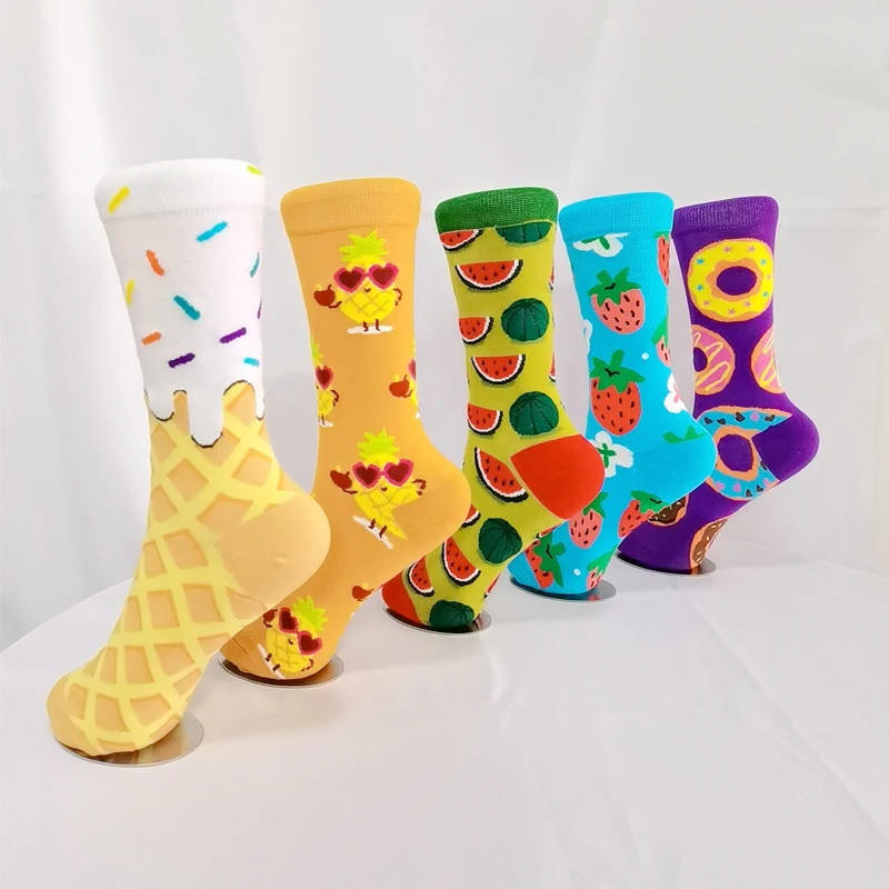 Calcetines divertidos y felices coloridos para mujer, moda de primavera, lindos dibujos animados, perezoso, jirafa, flamenco, oso, arcoíris, patrón de setas, medias para niña