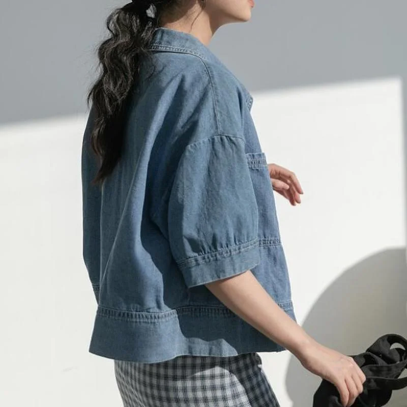 Denim Shirts Women Vintage Cropped Short Sleeve Summer Ulzzang Single Breasted College All-match Basic Cool S-3XL Ladies Loose