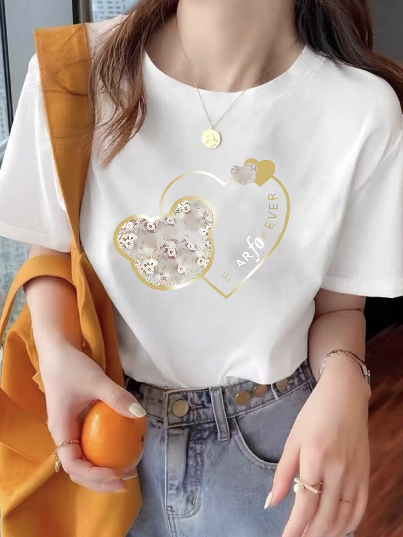 

Loving heart Plus size women's round neck short sleeve T-shirt with elastic half sleeves and trendy prints