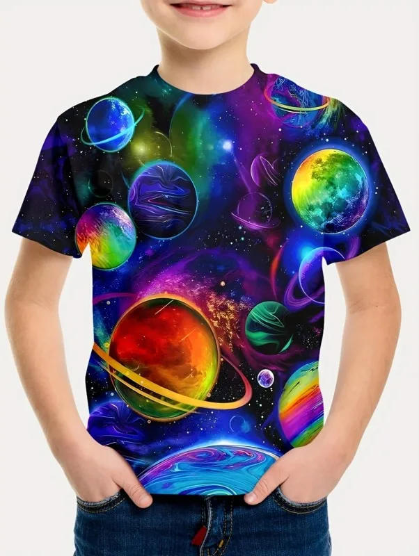 

Colorful Space Galaxy Print T-Shirt For Boys Kids Clothes Children's Boy's Clothing Tops Short Sleeve Top Shirts 2024 T-shirts