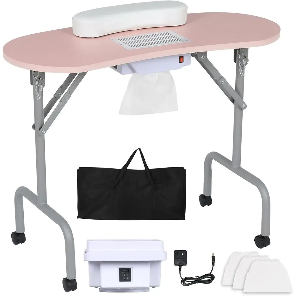 Portable 36-inch Pink Manicure Table with Charging Station, Dust Collector & Lockable Wheels