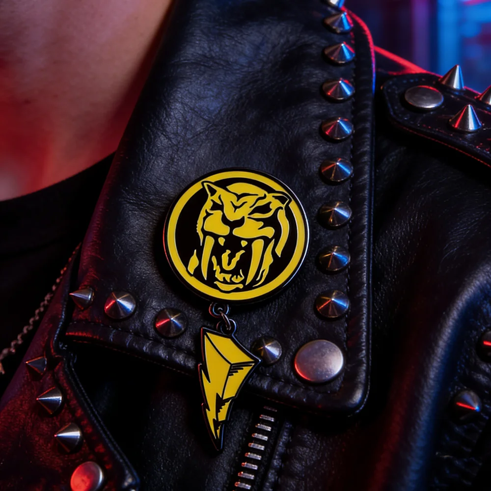 Mighty Morphin Power Rangers Gelber Ranger Emaille-Pin, Sabertooth-Tiger Power-Münze, Brosche, Blitz-Anhänger, Metall-Abzeichen, Geschenk – Detail 11