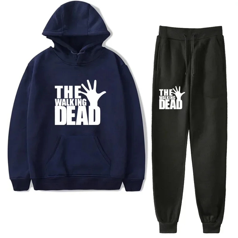 The walking dead conjuntos de roupas esportivas masculinas outono inverno com capuz grosso masculino casual agasalho 2 peça moletom conjunto