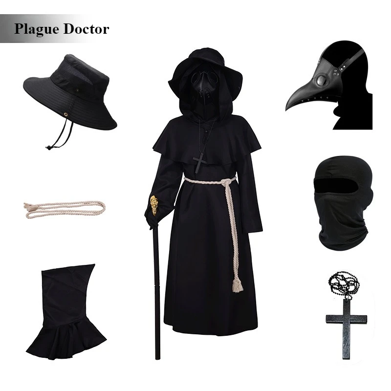 

Halloween Medieval Plague Doctor Cosplay Costume Grim Reaper Cloak Crow Beak Mask Punk Style Cos Outfit Themed Party Performance