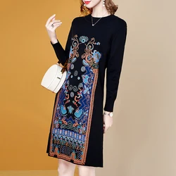 Autumn Winter Vintage Elegant Loose Knitted Dress Women Clothing Fashion Jacquard Knee Length Dress