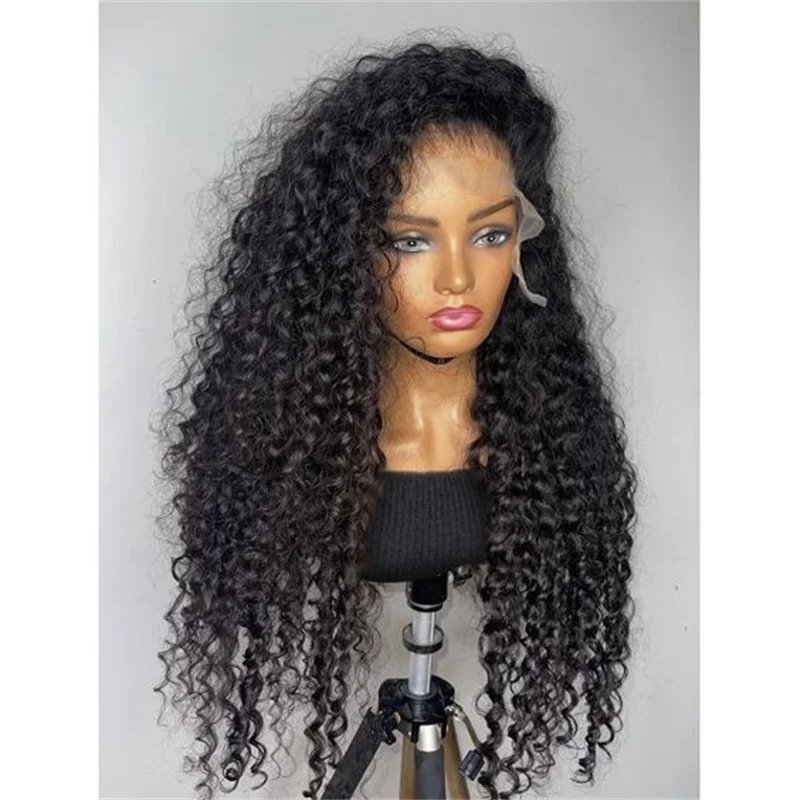 Peluca rizada de encaje frontal para mujer, pelo de bebé largo de 180de densidad, color negro Natural, suave, 26 pulgadas, resistente al calor, predesplumada diaria