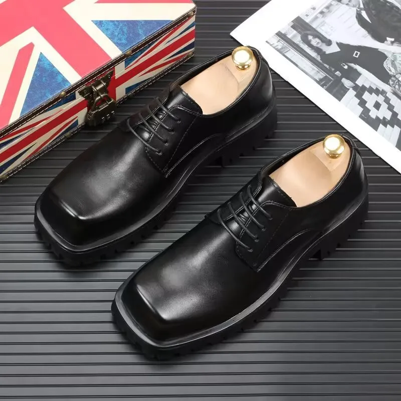 men platform shoes fashion party prom dresses brand designer square toe genuine leather shoe black tide gentleman footwear male