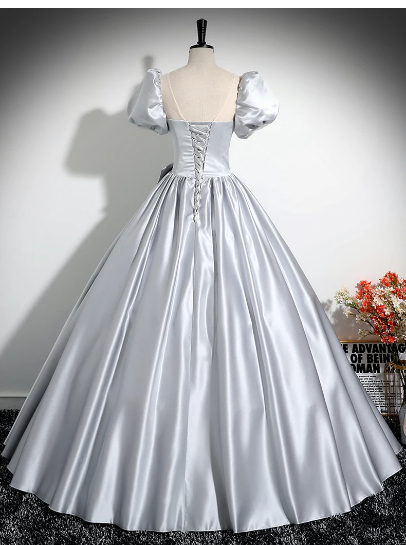 Robes de Quinceanera personnalisées, manches bouffantes, robes de bal d'anniversaire, nœud formel doux, argent premium