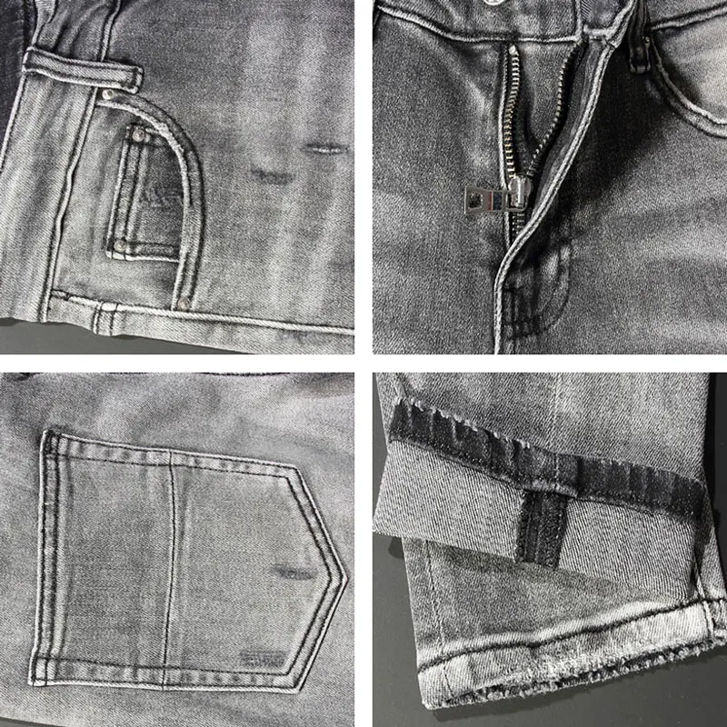 Street Fashion Men Jeans Retro Gray Elastic Stretch Skinny Ripped Jeans Men Leather Patched Designer Hip Hop Brand Pants Hombre