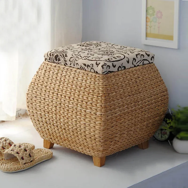 Furniture Hallway Bench Pouf Wooden Chair Paper Rattan Woven Storage Shoe Changing Stool Kitchen Stools Storage Box With Cover