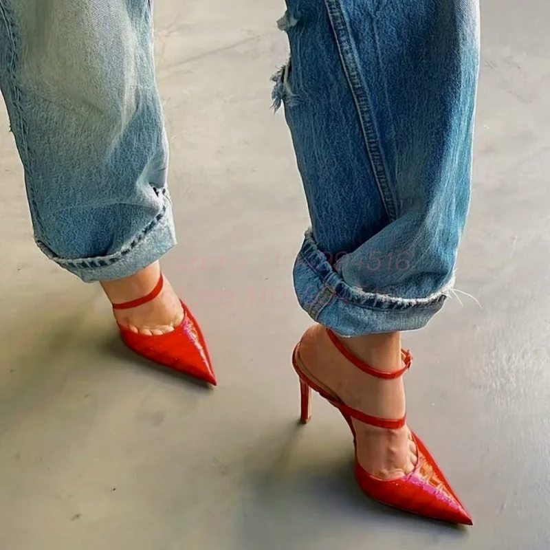 

Red Stone Pattern Buckle Strap Stiletto Pumps Women Pointed Toe Ankle Strap Slingback Sandals Lady Sexy Fashion Party Club Shoes