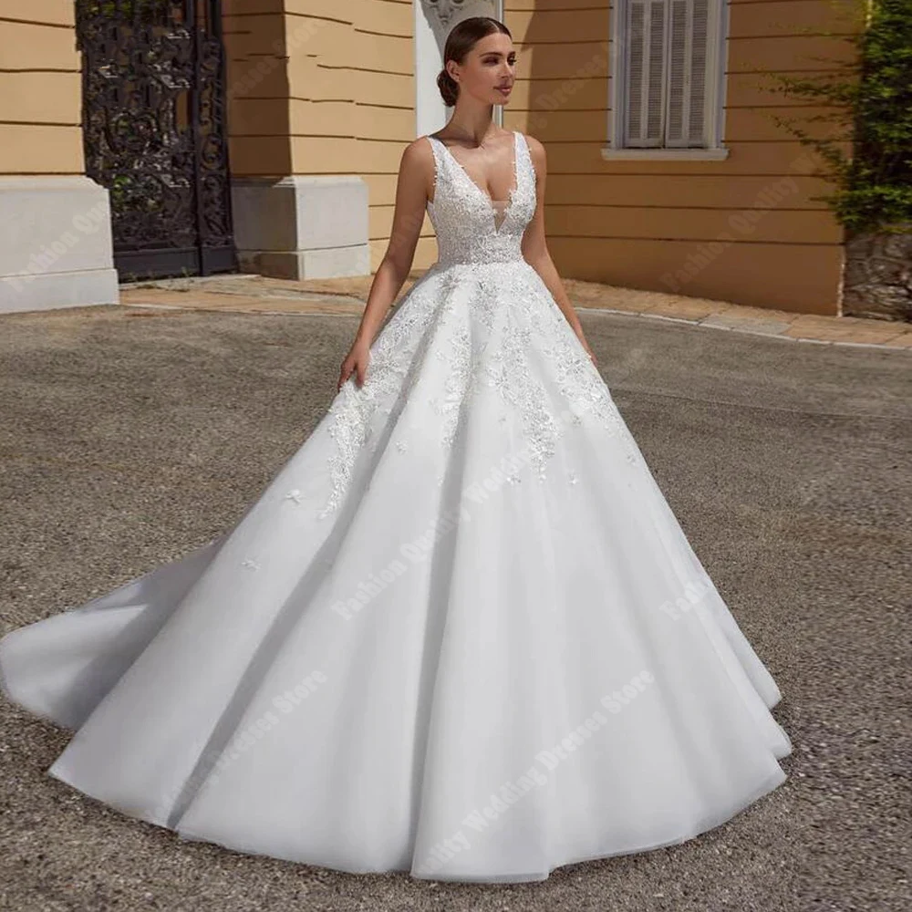 Elegant V-Neck Wedding Dresses Princess A-Line Shine Tulle Bride Robes Beach Party Fluffy Skirt Hem Vestido De Novia Customized