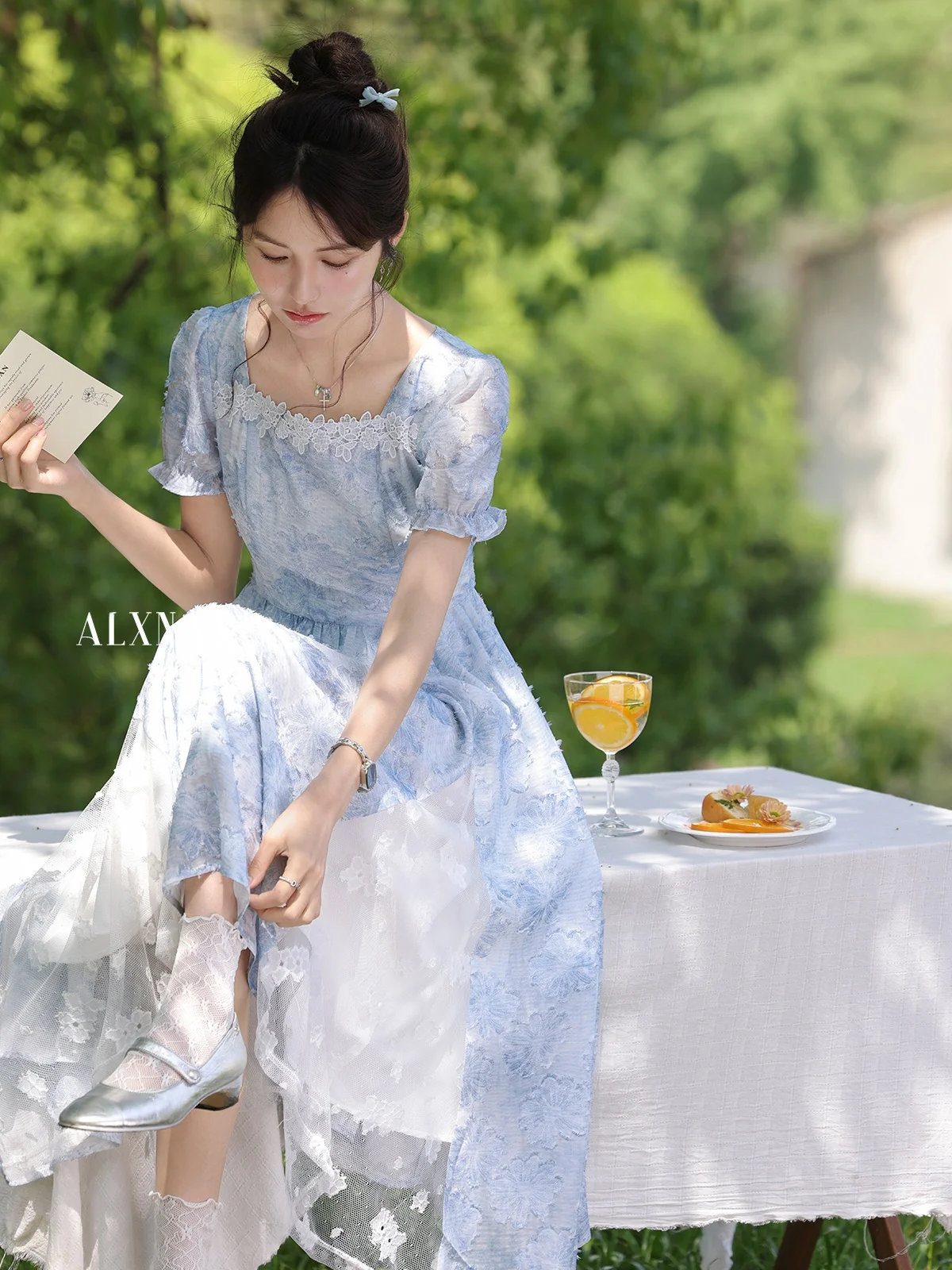 

Ele Blue Floral Print Square Ne ort Sve Женская летняя длинная юбка трапециевидной формы с завязками на талии Повседневная китайская марка