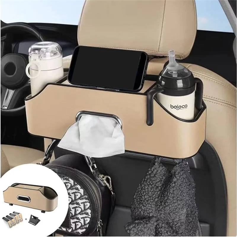 X59A_Car Headrest Backseat Organizer with 2 Drink Cup Holder, Cell Phone Holders, Hooks and Tissue Box Accessories - Beige