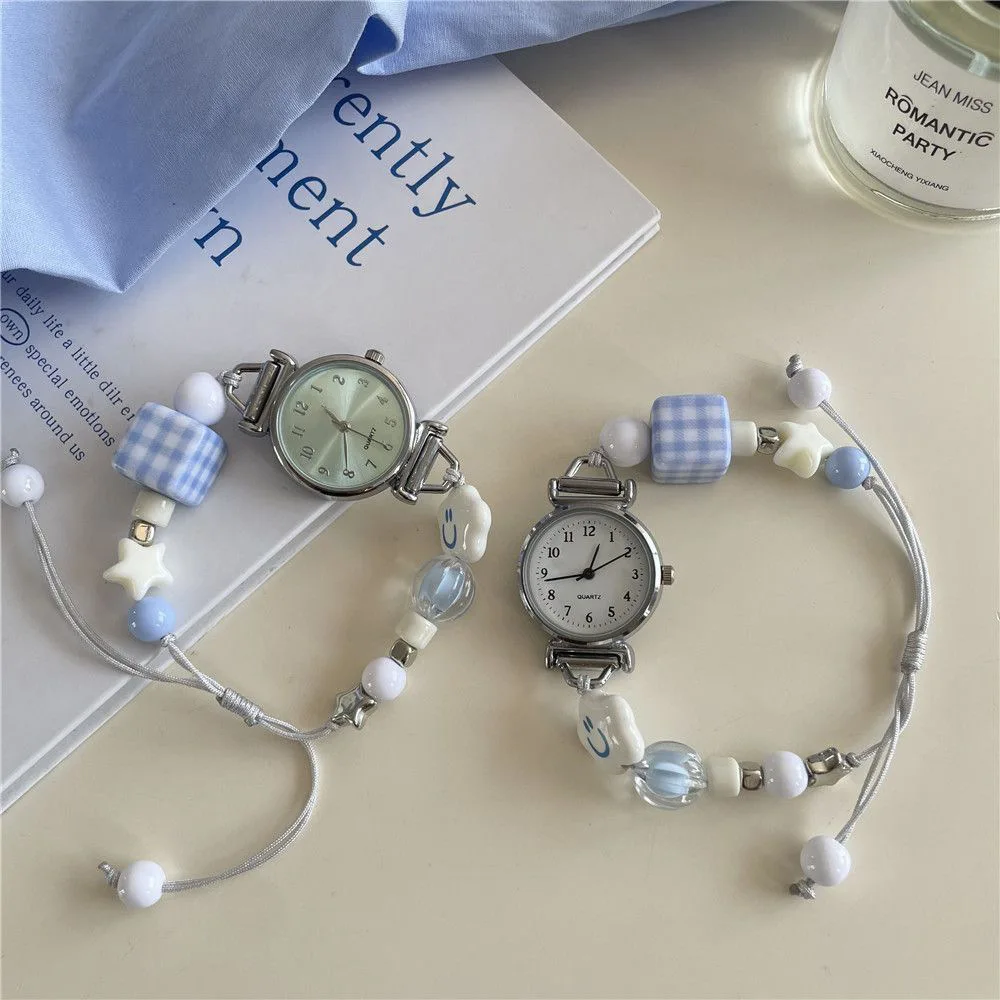 Wrist Watch,Korean Style Blue Grid Square Bead Bracelet Watch,Adjustable Drawstring Girl High Aesthetic Student Wristwatch