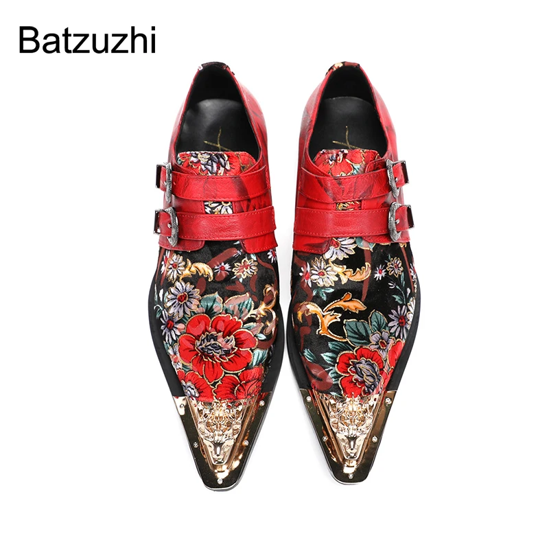 

Batzuzhi Iron Toe Genuine Leather Buckles Desingner's Flats Fashion Red Dress Shoes for Men Golden Formal Business/Party