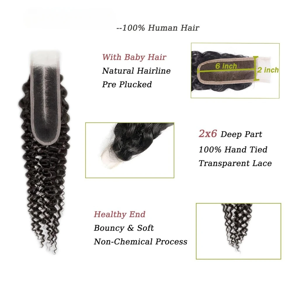 2x6 Lace Closure Jerry Curly 100% Unverarbeitetes Brasilianisches Echthaar mit Vorgezupftem Haaransatz, Tief Gelockter Verschluss, Natürliche Farbe – Detail 4