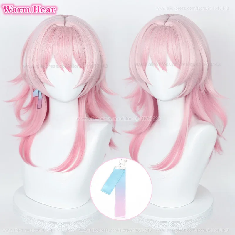 

50cm Long March 7th Synthetic Wig Game Pink Gradient Cosplay Anime Wig Heat Resistant Fibre Halloween Party Wigs + Free Wig Cap