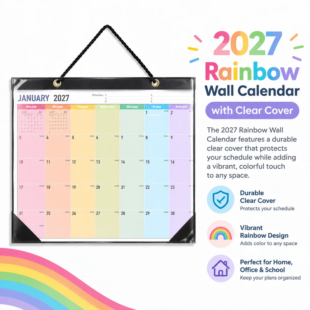 2027 Rainbow Wall Calendar Daily Weekly Monthly Planner with Dated Grid Layout for Scheduling Bullet Journaling Planning Tool