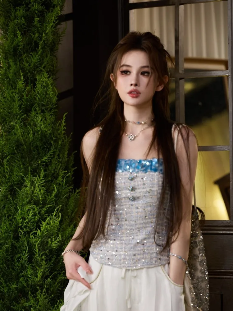 Spring Summer Female Square Collar Sequins Slim Camisole Ladies Diamond Tanks Camis Sweet Suspenders Straps Sleeveless Tops