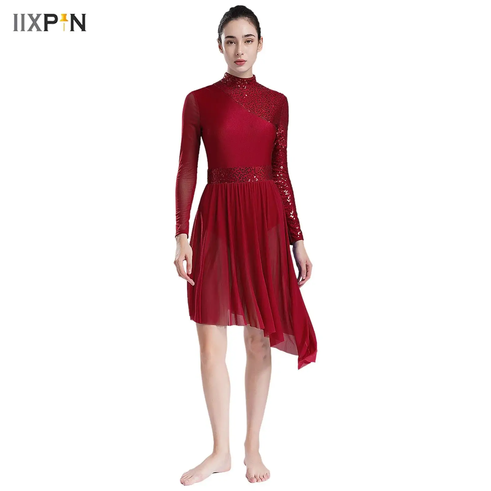 

Womens Modern Lyrical Dance Dress Long Sleeve Shiny Sequins Irregular Hem Leotards Dresses Stage Performance Party Dancewear