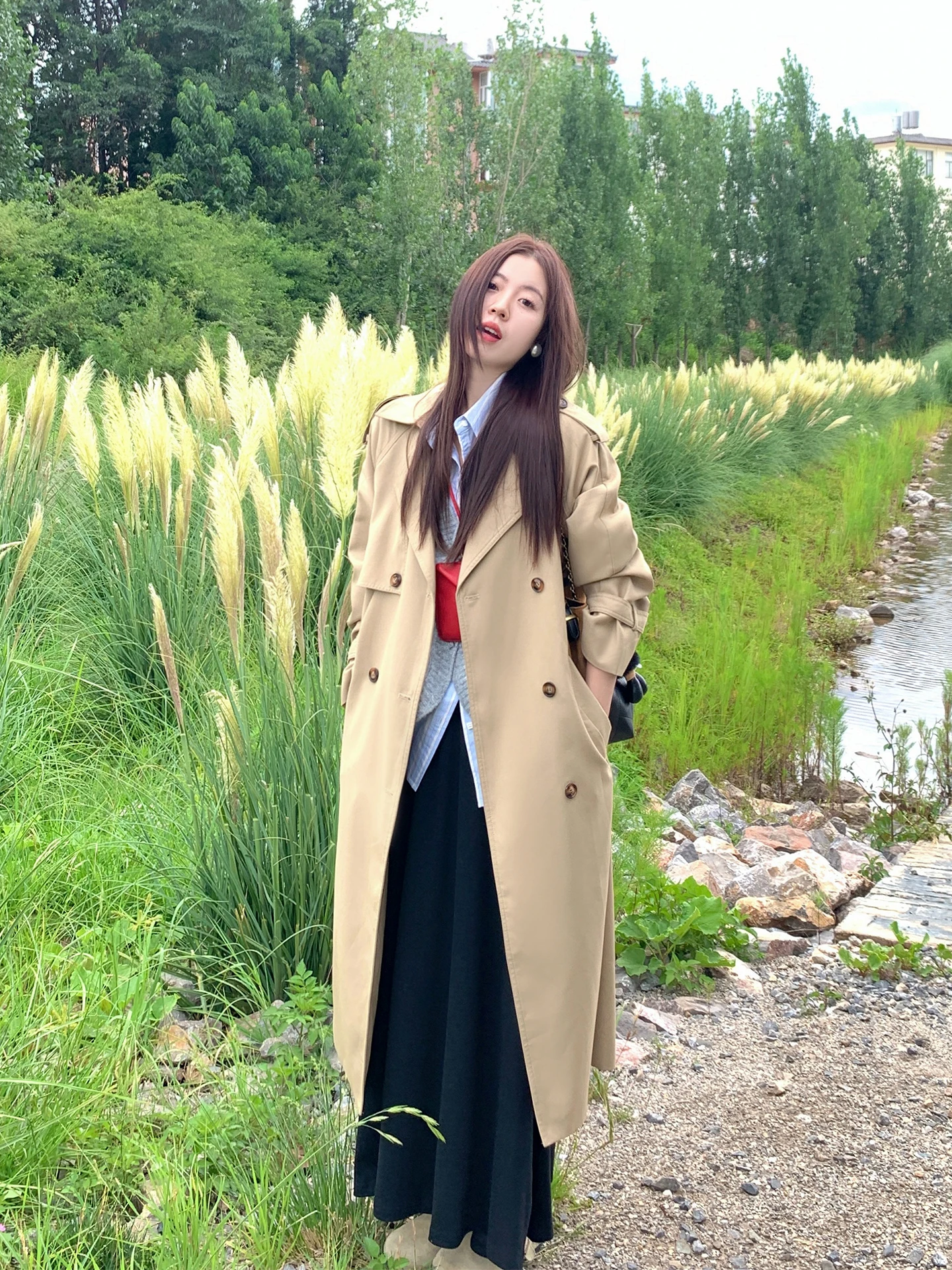 

i Long Sve двубортное пальто с поясом на талии, женское свободное пальто Briti Sle, осенний сезон, корейская верхняя одежда