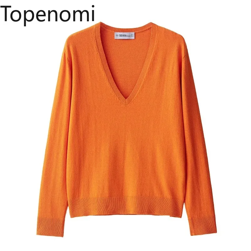 

Topenomi однотонные вязаные топы с v-образным вырезом и длинными рукавами для женщин, осень-зима 2021, модный универсальный свитер, пуловер, простой повседневный джемпер