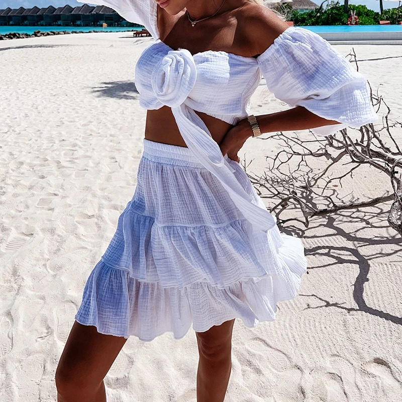 Women Fashion Boho Two Piece Outfit Summer Cotton Solid Beach Suit Sexy Flower Off Shoulder Crop Tops And Ruffles Mini Skirt Set