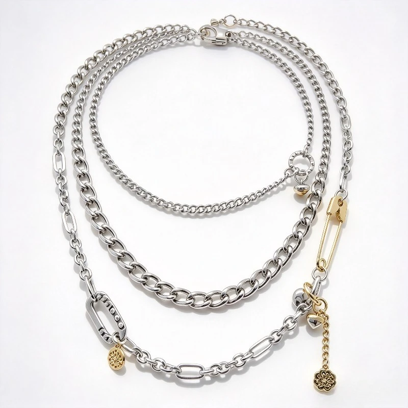 Two tone alloy double-layer mixed chain necklace, retro punk Gothic style, with safety needle and hollow floral symbol, asymmetrical stackable statement neck jewelry, unisex neck accessories, daily clothing, streetwear, parties