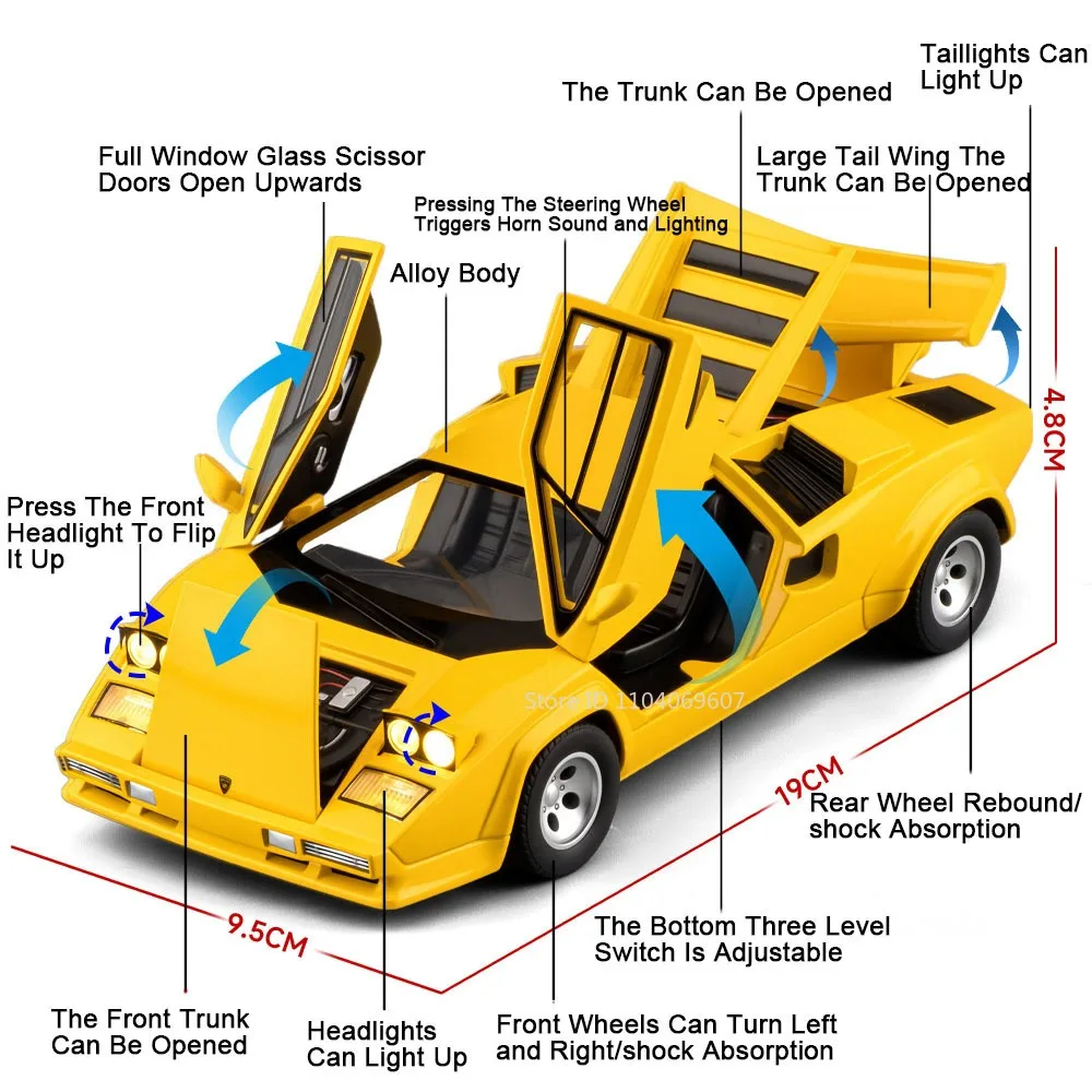 1:24 Countach LP500S REVUELTO Model Toy Supercar Alloy Diecast Sound Light Pull Back Doors Opened Mini Sports Car for Kids Gifts
