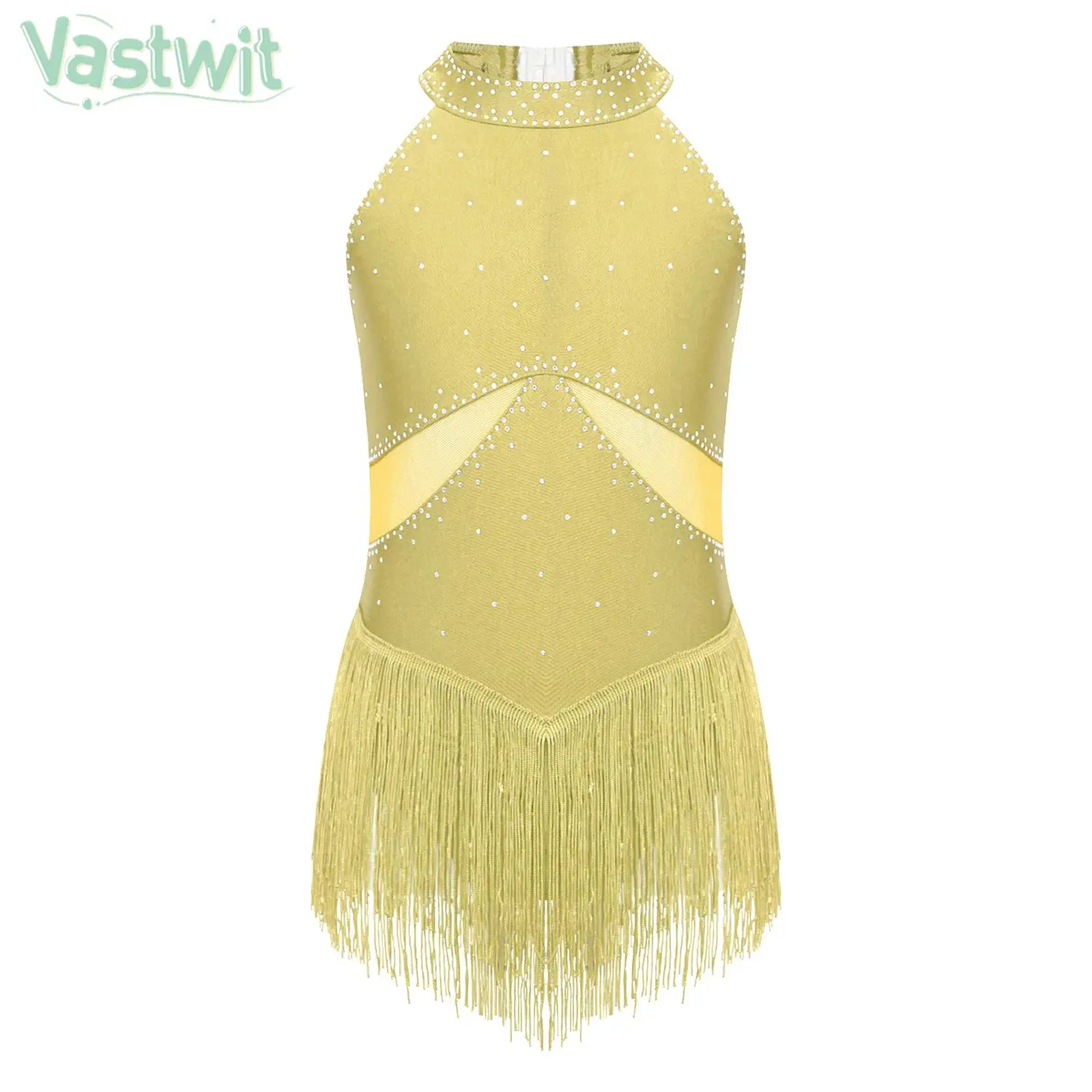 Kids Girl Sleeveless Rhinestone Tassel Latin Dance Bodysuit Dress Figure Skating Tango Cha-Cha Samba Rumba Performance Leotard