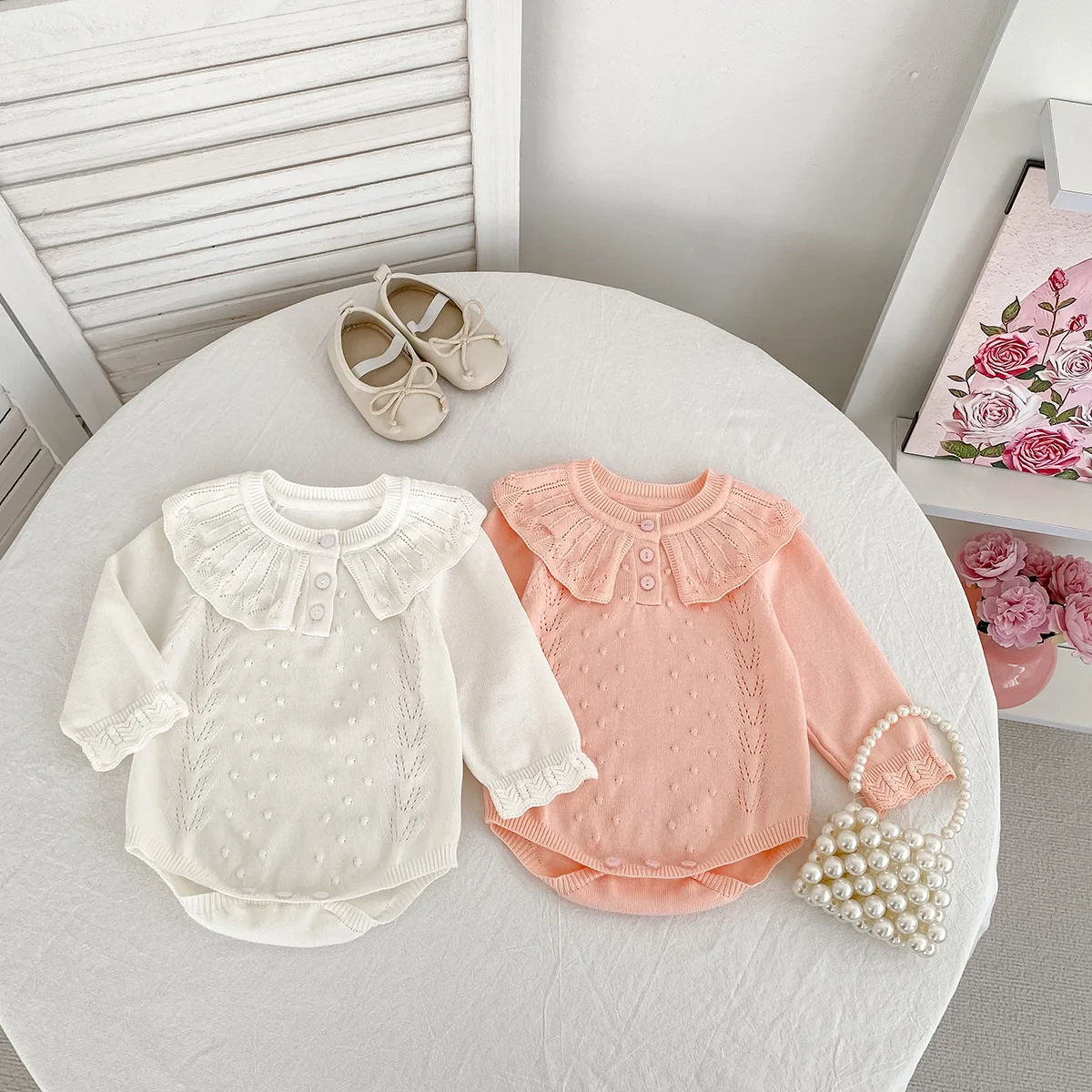 Baju Bayi 0-2 Tahun Bodysuit Anak Perempuan Kerah Ruffle Rajutan Pakaian Rajut Bayi Lengan Panjang Satu Potong