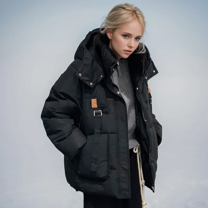 

Korean-Style Winter Lady's Coat Solid Color Single Breasted Big Pockets Quilted Jacket For Women Minimalist Hooded Female's Coat