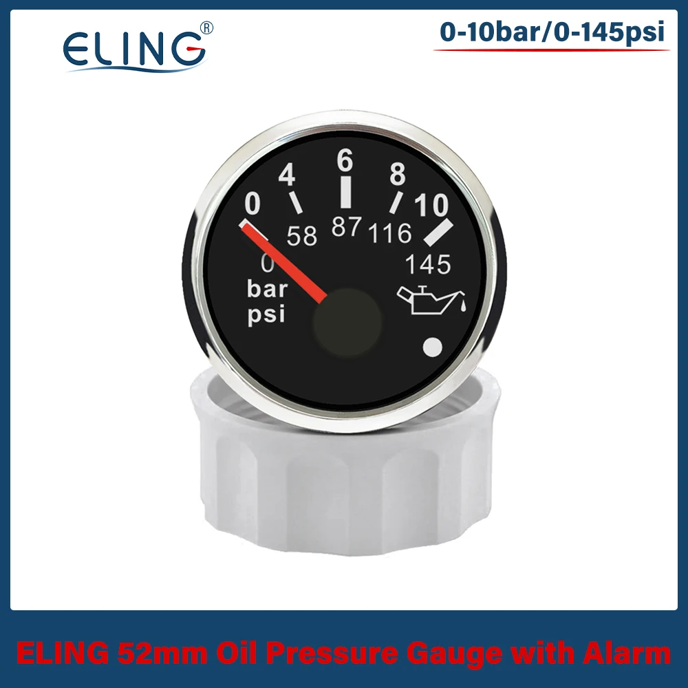 

ELING 52mm Oil Pressure Gauge Meter 0-5Bar 0-73psi 0-10Bar 0-145PSI with Red Backlight and Light Alarm for Van Ships Motorcycle