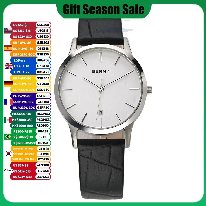 BERNY Man Quartz Watch Calendar 3ATM Waterproof Genuine Leather Strap Ultra-thin Simple Golden Fashion Business Amante Relógio