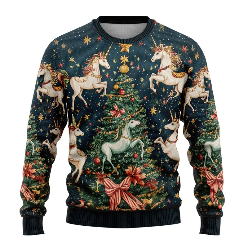 Trend Unicorn Graphic Ugly Christmas Sweater For Men Fashion Holiday Xmas 3D Printed Kids Pullovers Loose Streetwear Sweatshirts